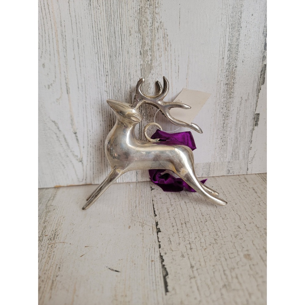 Pottery Barn silver reindeer purple ribbon Xmas metal unique home